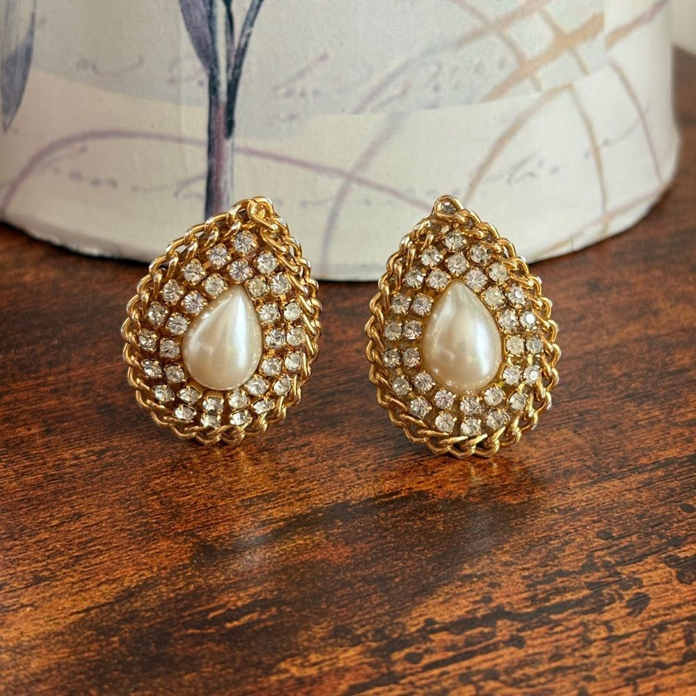 Gold Pearl Teardrop Clip-on Earrings W/ Rhinestone Accents